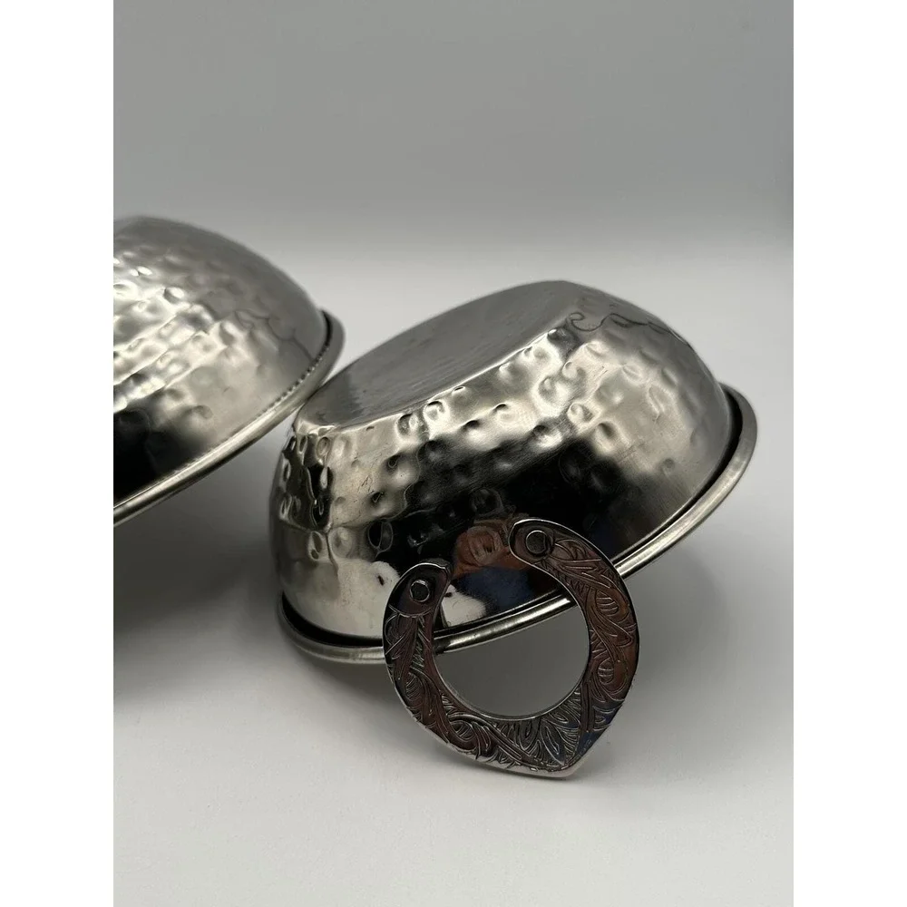 Pair of Hammered Metal Bowls — Ornate Engraved Handles, Vintage Decorative Bowls